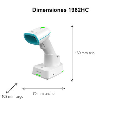 Dimensiones del lector de códigos de barras Honeywell 1962HC 1962HHD-5USB-9WC: 108 mm de largo, 70 mm de ancho, 160 mm de alto