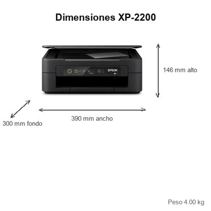 Dimensiones de la impresora de etiquetas Epson XP-2200 C11CK67403: 390 mm de ancho, 300 mm de fondo, 146 mm de alto, peso 4.00 kg