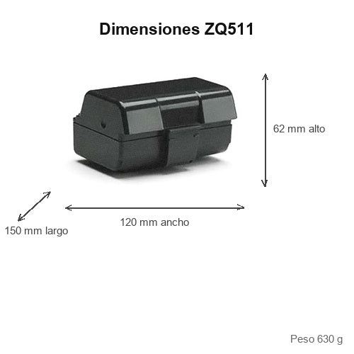 Dimensiones de la impresora de etiquetas Zebra ZQ511 ZQ51-BUW030E-00: 150 mm de largo, 120 mm de ancho, 62 mm de alto, peso 630 g