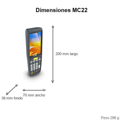 Dimensiones del terminal de mano Zebra MC22 MC220K-2B3S3RW: 200 mm de largo, 70 mm de ancho, 38 mm de fondo, peso 296 g