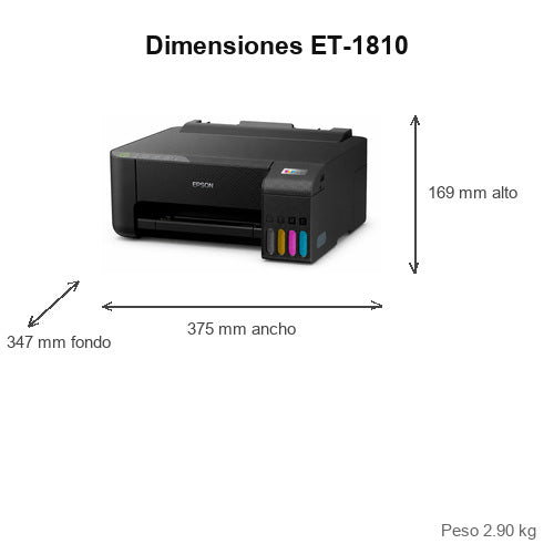 Dimensiones de la impresora de etiquetas Epson ET-1810 C11CJ71401: 375 mm de ancho, 347 mm de fondo, 169 mm de alto, peso 2.90 kg
