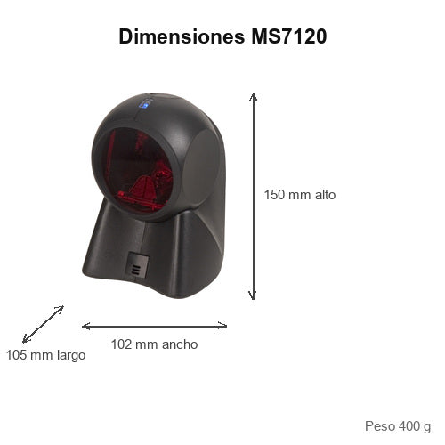Dimensiones del lector de códigos de barras Honeywell MS7120 negro MS7120-38-3: 105 mm de largo, 102 mm de ancho, 150 mm de alto, peso 400 g