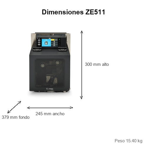 Dimensiones de la impresora de etiquetas Zebra ZE511 ZE51143-L0E00C0Z: 379 mm de fondo, 245 mm de ancho, 300 mm de alto, peso 15.40 kg