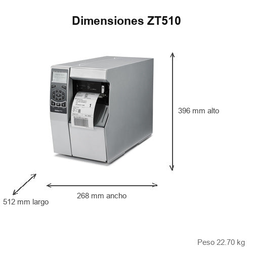 Dimensiones de la impresora de etiquetas Zebra ZT510 ZT51043-T1E0000Z: 512 mm de largo, 268 mm de ancho, 396 mm de alto, peso 22.70 kg