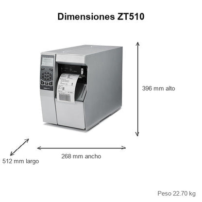 Dimensiones de la impresora de etiquetas Zebra ZT510 ZT51043-T1E0000Z: 512 mm de largo, 268 mm de ancho, 396 mm de alto, peso 22.70 kg