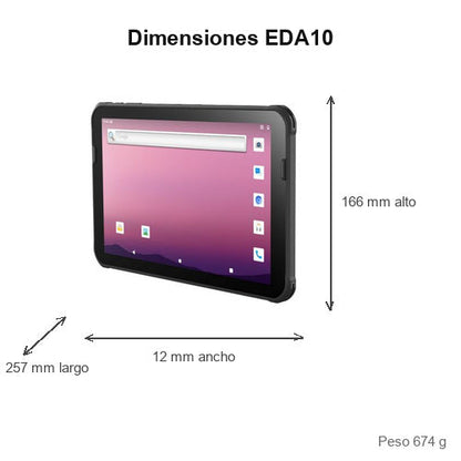 Dimensiones del terminal de mano Honeywell EDA10 EDA10A-00B091N21RK: 257 mm de largo, 166 mm de alto, 12 mm de ancho, peso 674 g