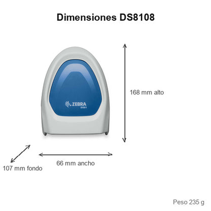 Dimensiones del lector de códigos de barras Zebra DS8108 DS8108-HC4000BVZWW: 168 mm de alto, 66 mm de ancho, 107 mm de fondo, peso 235 g