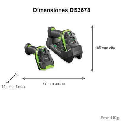 Dimensiones del lector de códigos de barras Zebra DS3678 DS3678-HD3U42A0SFW: 185 mm de alto, 77 mm de ancho, 142 mm de fondo, peso 410 g