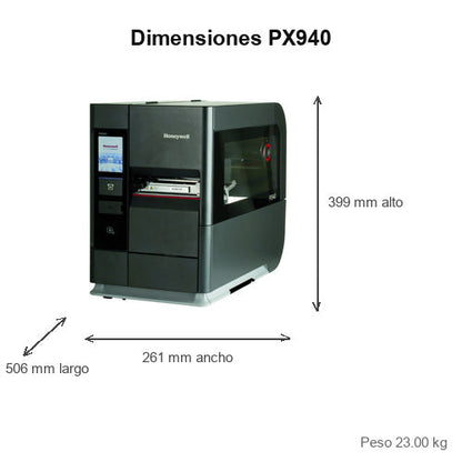 Dimensiones de la impresora de etiquetas Honeywell PX940 PX940A00100060200: 506 mm de largo, 399 mm de alto, 261 mm de ancho, peso 23.00 kg