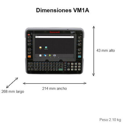 Dimensiones del terminal de mano Honeywell VM1A VM1A-L0N-1A1B20E: 268 mm de largo, 214 mm de ancho, 43 mm de alto, peso 2.10 kg