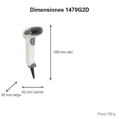 Dimensiones del lector de códigos de barras Honeywell 1470G2D 1470G2D-5USB-R: 82 mm de largo, 62 mm de ancho, 169 mm de alto, peso 130 g