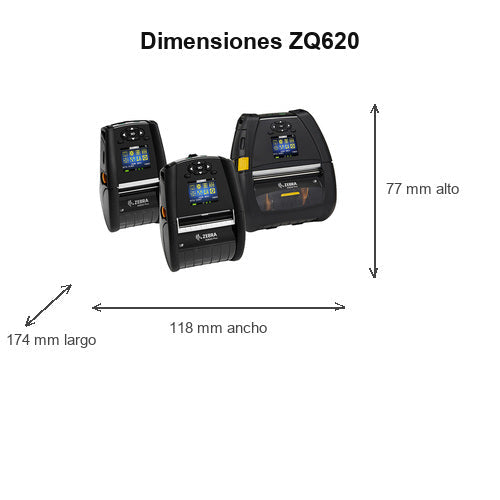 Dimensiones de la impresora de etiquetas Zebra ZQ620 ZQ62-AUFAE14-00: 174 mm de largo, 118 mm de ancho, 77 mm de alto