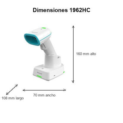 Dimensiones del lector de códigos de barras Honeywell 1962HC 1962HHD-5USB-5-R: 108 mm de largo, 70 mm de ancho, 160 mm de alto