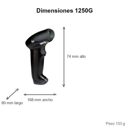 Dimensiones del lector de códigos de barras Honeywell 1250G negro 1250G-2USB: 60 mm de largo, 168 mm de ancho, 74 mm de alto, peso 133 g