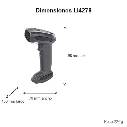 Dimensiones del lector de códigos de barras Zebra LI4278 negro LI4278-TRBU0100ZER: 98 mm de alto, 70 mm de ancho, 186 mm de largo, peso 224 g
