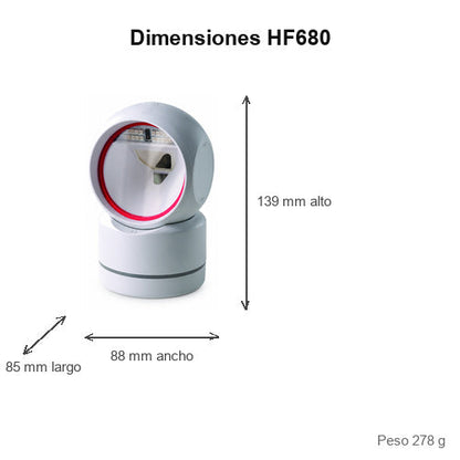 Dimensiones del lector de códigos de barras Honeywell HF680 HF680-R0-2RS232-UK: 85 mm de largo, 88 mm de ancho, 139 mm de alto, peso 278 g