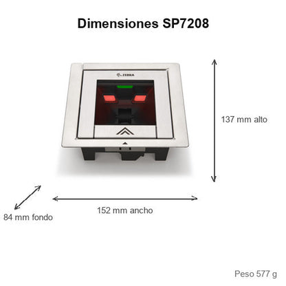 Detalle del lector de códigos de barras Zebra SP7208 con su zona de trabajo