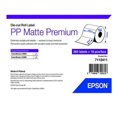 Epson Etiquetas multipropósito - PP mate prem DIE-CUT roll 102x76 mm, 365 etiquetas - SKU: 7113411