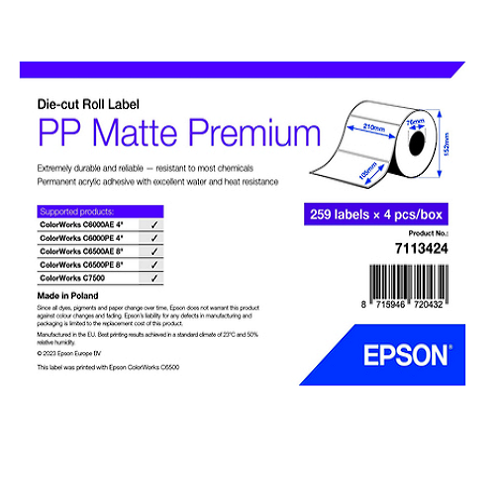 Epson Etiqueta multipropósito - PP mate preimpresas troqueladas en rollo 105x210 mm - SKU: 7113424