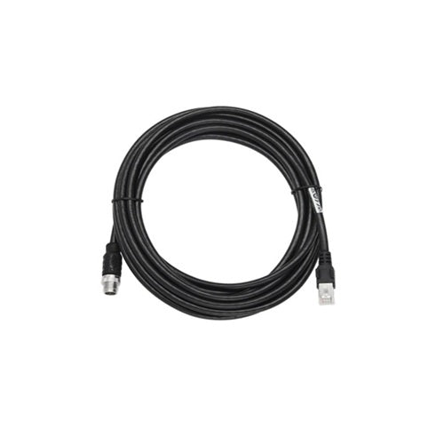 Cable de red negro enrollado con conectores M12 a RJ45. PROJIT, distribuidor de electrónica.