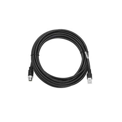 Cable de red negro enrollado con conectores M12 a RJ45. PROJIT, distribuidor de electrónica.