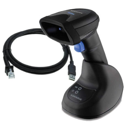 Escáner Datalogic QuickScan QBT2500-BK-BTK vista frontal con base y cable USB-C SKU QBT2500-BK-BTK PROJIT España
