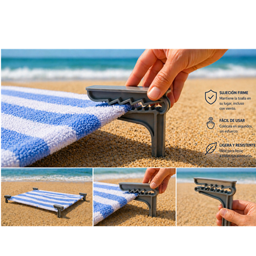 Pinza playa tipo cocodrilo diseñada para sujetar toallas en piscina y camping con agarre firme y práctico SKU PCSTP-001 projit.es